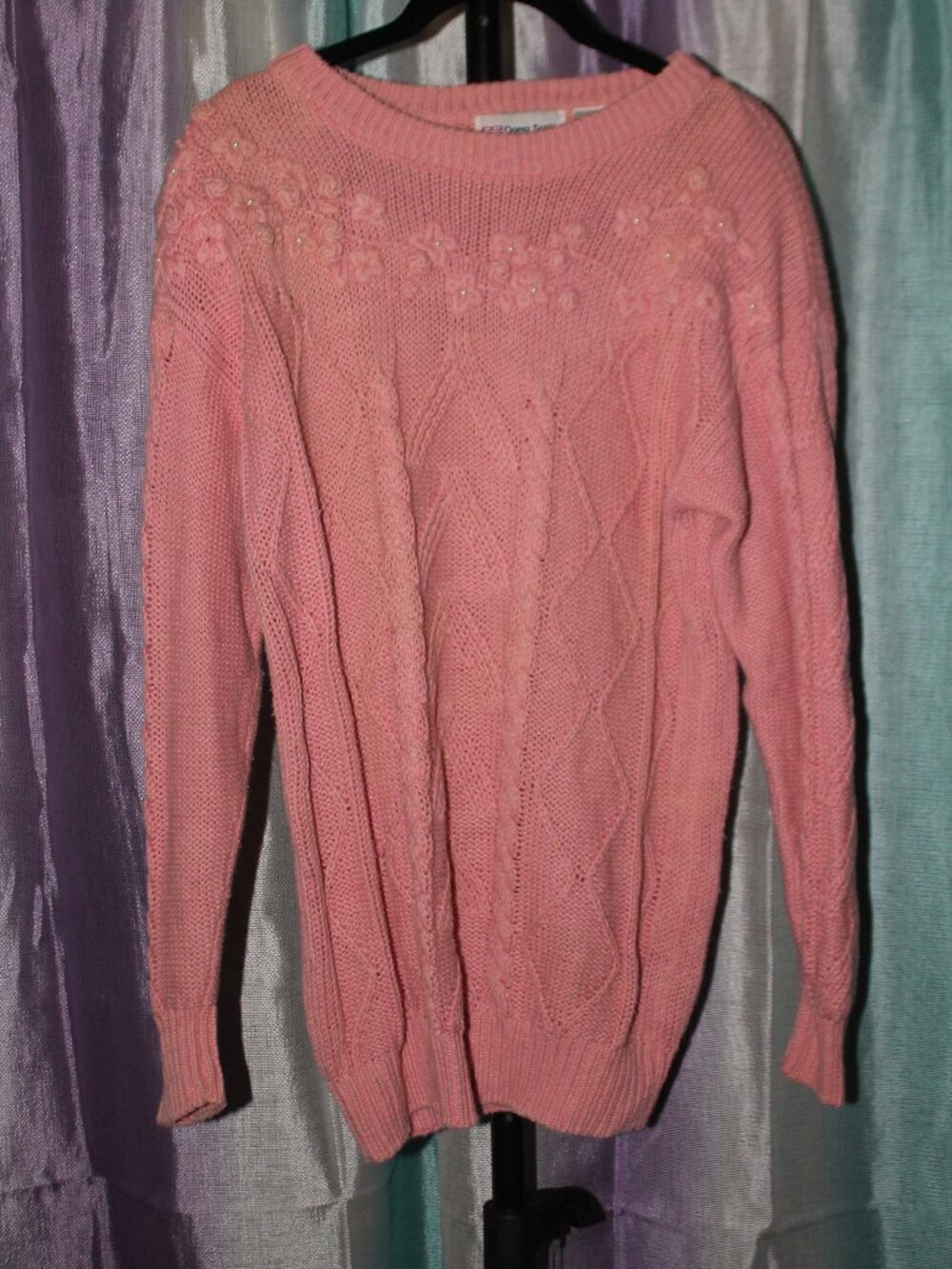 Dana Scott Pink Cable Knit Sweater Womens Small Embellished Neck